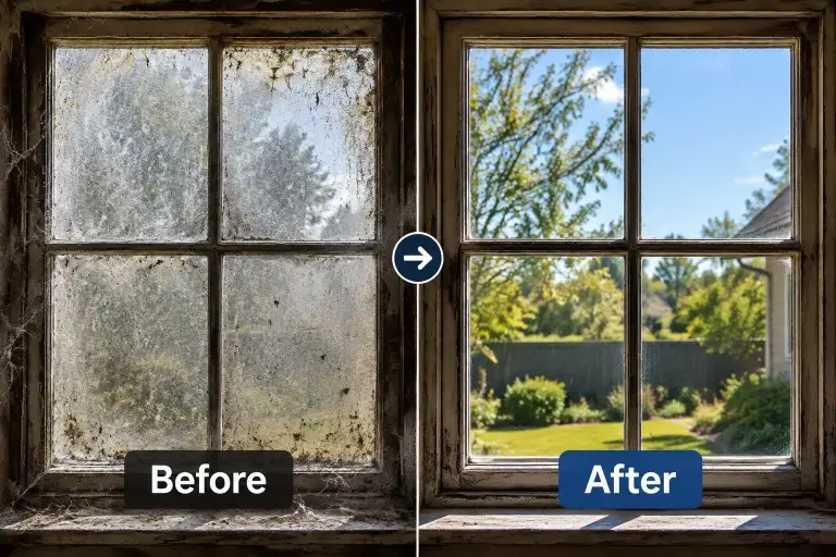 Bedroom Window in Bend, Oregon before and after professional window cleaning