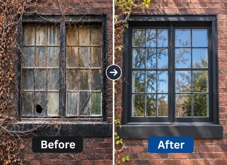 Farmhouse Window in Bend, Oregon before and after professional window cleaning