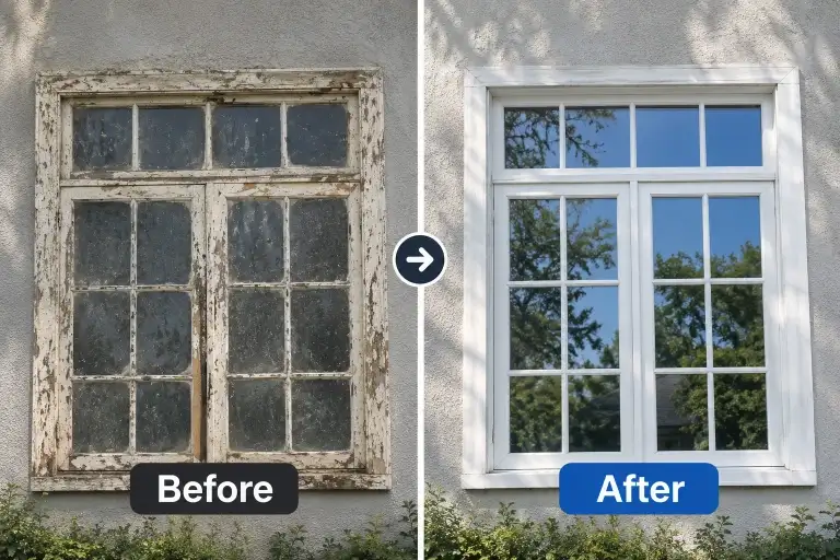Front Entry Window in Bend, Oregon before and after professional window cleaning