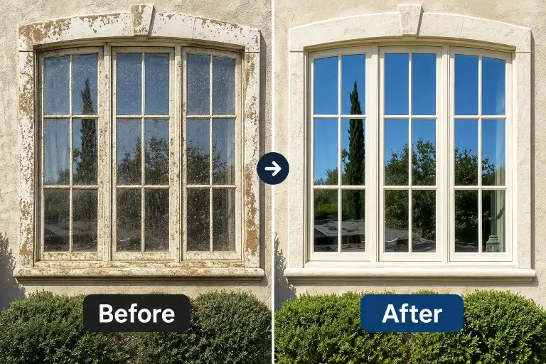 Garden-Facing Window in Bend, Oregon before and after professional window cleaning