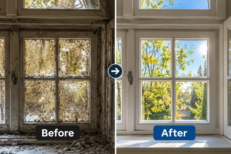 Storeroom Window in Bend, Oregon before and after professional window cleaning